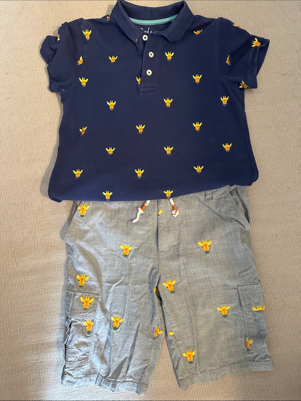 Boden Navy Polo Shirt & Chambray cargo Shorts with Yellow Giraffe Embroidery